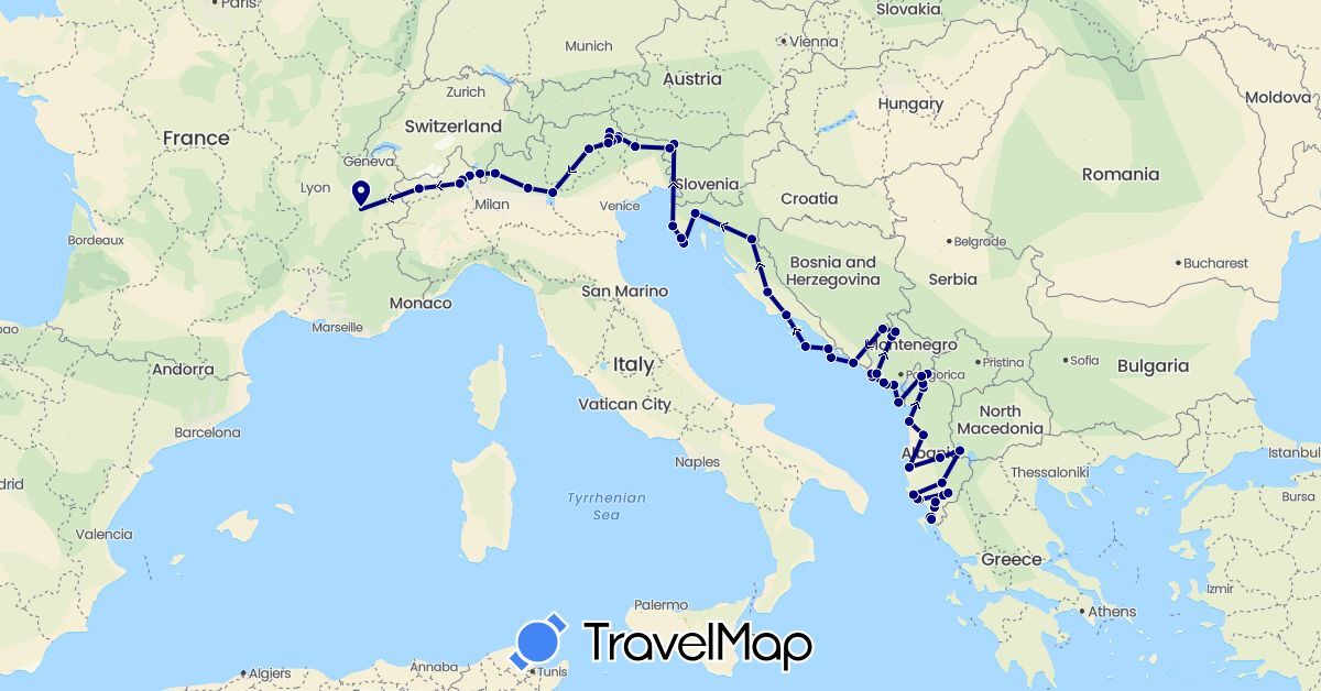 TravelMap itinerary: driving in Albania, Switzerland, France, Croatia, Italy, Montenegro, Macedonia (Europe)